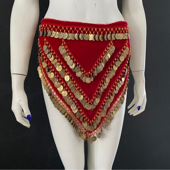 Red Velvet Gold Coin Triangle Hip Scarves Belly Dance - Picture 1 of 6